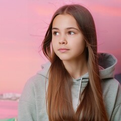 Caucasian teenage woman with long brown hair, wearing a gray hoodie , generated by AI. High quality photo