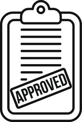 Poster - line art icon of a clipboard with an approved stamp, representing a document or project that has bee