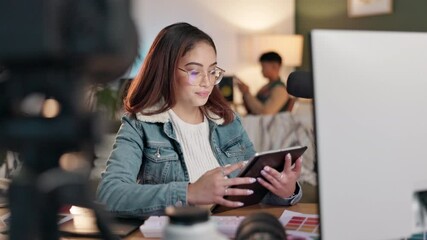 Poster - Broadcast, radio and tablet with woman content creator in office for audio blogging or podcast. Media, microphone or technology and happy influencer getting ready with information for live stream
