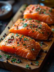 Wall Mural - Three pieces of salmon are sitting on a wooden cutting board with a sprinkle of
