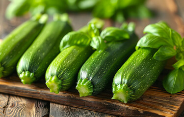 Wall Mural - A bunch of green zucchini are sitting on a wooden cutting board