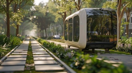 Poster - An autonomous vehicle travels along a tree-lined path with a paved surface, showcasing a futuristic transportation system in a green environment.