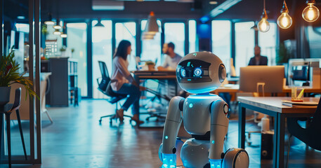 Robot works in an office among people. IT team of the future. The concept of artificial intelligence and people working in the future..