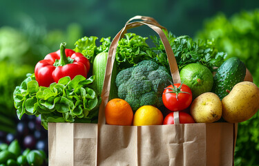 A bag of vegetables and fruits including broccoli, tomatoes, oranges