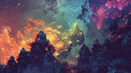 Wall Mural - digital artwork of a colorful nebula in a surreal cosmic setting. generative ai