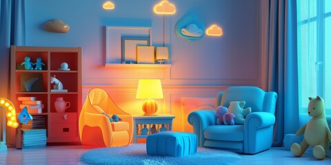 Canvas Print - A brightly lit room with a blue couch and a yellow chair