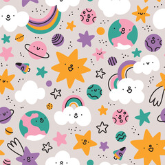 Wall Mural - Cartoon space vector seamless pattern with cute stars, clouds and planets, bright background illustration for kids