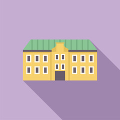 Poster - simple yellow building facade with a green roof is casting a long shadow on a purple background