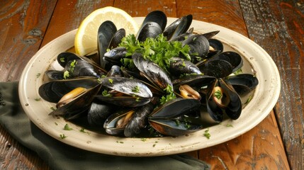 Wall Mural - A plate of cooked mussels garnished with lemon wedges and fresh herbs ready to be eaten.