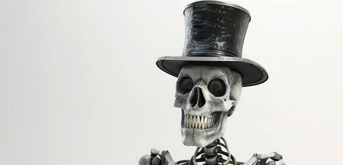 Skeleton with a top hat and a spooky grin, isolated on a pure white background