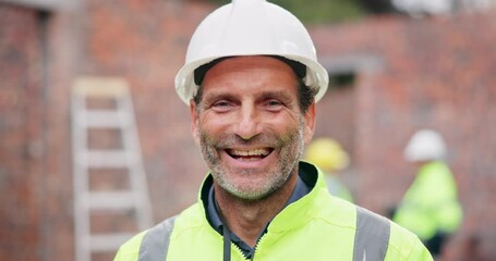 Aufkleber - Smile, man and face of mature construction worker on site for building, renovation and project management. Industry, portrait and male contractor in civil engineering for repairs or maintenance.