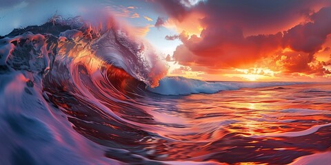 Wall Mural - A wave in the ocean at sunset with orange and teal colors, capturing the dramatic and serene beauty of nature.