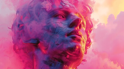 Poster - Digital Art Portrait of a Person in Pink and Blue Hues