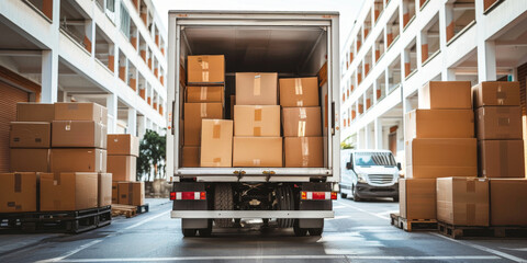 Canvas Print - moving service. truck with cardboard boxes