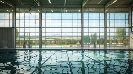 indoor aquatic center with energy-efficient windows that provide clear views of surrounding landscap