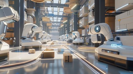 Leinwandbilder - A line of automated robots in a warehouse move along a conveyor belt, sorting and transporting boxes.