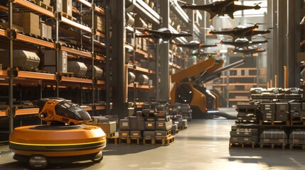 Aufkleber - A futuristic warehouse with a fleet of drones flying through the air and orange robotic vehicles moving between shelves.