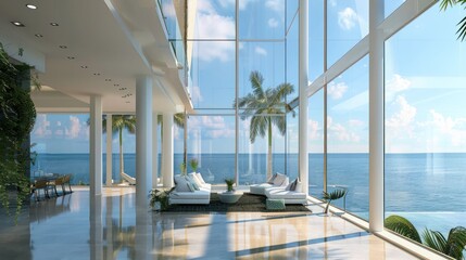 Wall Mural - luxurious waterfront villa with floor-to-ceiling energy-efficient windows that provide stunning view
