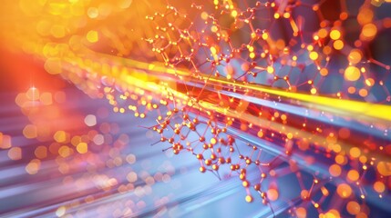 close-up of a high-performance window's coating that reflects heat, illustrated at a molecular level to show the interaction between light and material