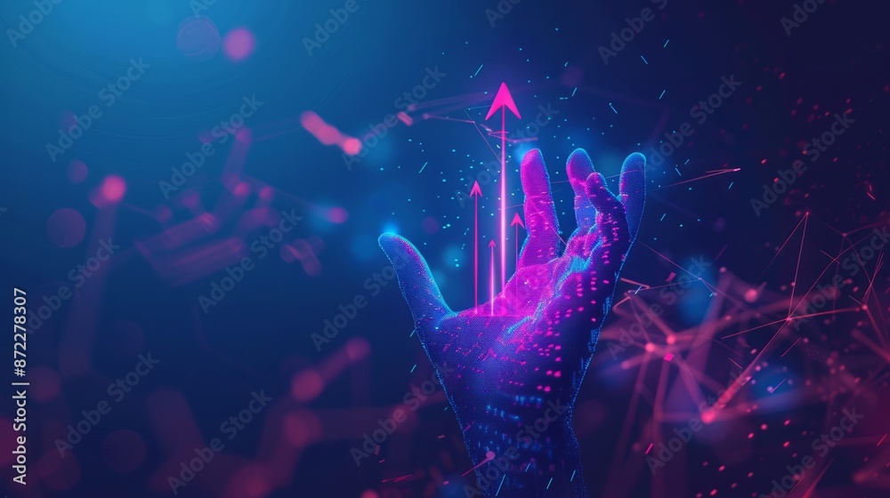 glowing hand reaching out with digital arrows pointing upwards in a ...