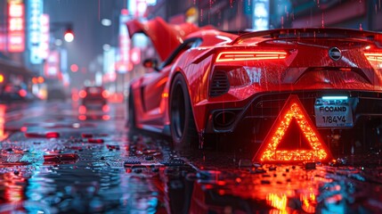 Red Sports Car with Warning Triangle in Neon-lit Rainy City - Generative AI