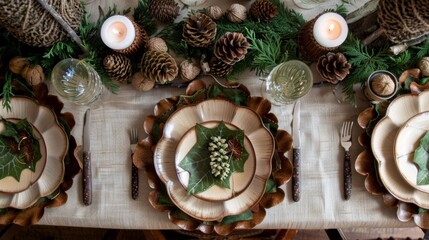 Canvas Print - A woodlandthemed table setting featuring leafcovered placemats acornshaped napkin rings and twigadorned plates.