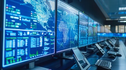 Canvas Print - Multiple monitors in a monitoring room show charts, graphs, and data visualizations alongside a world map, highlighting technical activity.