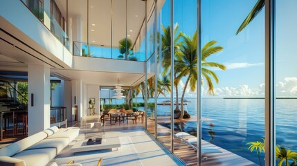 Wall Mural - luxurious waterfront villa with floor-to-ceiling energy-efficient windows that provide stunning view