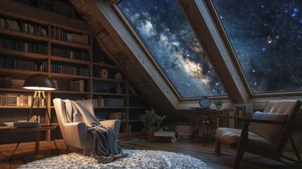 Wall Mural - cozy attic study with skylights made of high-performance, energy-efficient glass, showcasing a clear