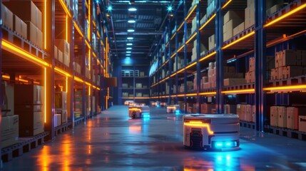 Aufkleber - A row of automated robots navigate a warehouse aisle, moving between rows of shelves stacked with boxes. The floor is illuminated by orange and blue lights.