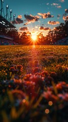 Wall Mural - Sunset Glow on Soccer Field - Captivating sunset over a soccer field, highlighting dewy grass and vibrant sky. Ideal for sports and nature themes.