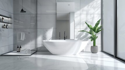 This image showcases a modern bathroom with a sleek, freestanding bathtub, a large window, and a plant in a decorative pot. 