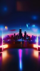 Wall Mural - Neon-lit cityscape at twilight with vibrant pink and blue hues reflecting on a glossy surface, creating a futuristic atmosphere.