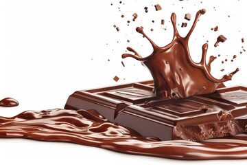 Wall Mural - Dark chocolate bars and chocolate ink splash, 3d illustration on white background