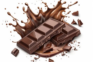 Wall Mural - Dark chocolate bars and chocolate ink splash, 3d illustration on white background