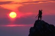 © Mr. Bolota - Celtic Bravery: Silhouette of a Warrior on Mountain's Peak at Sunset - Capturing the Epic Spirit of Ancient Battles Against a Fiery Sky. Copy Space.