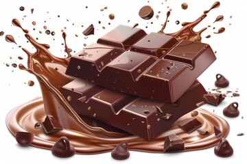 Wall Mural - Dark chocolate bars and chocolate ink splash, 3d illustration on white background