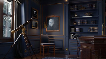 Wall Mural - A pop of celestial navy blue evokes stargazing in a cosmic-themed study, with a telescope poised for exploration.