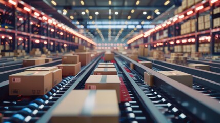 Aufkleber - This photo shows a close-up of a conveyor belt system in a warehouse, with many cardboard boxes moving along the belts. The boxes are being transported to their next destination in the warehouse.