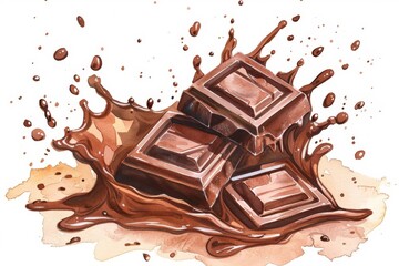 Wall Mural - Watercolor chocolate bars and chocolate ink splash, 3d illustration on white background