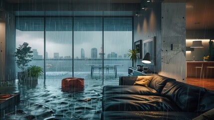 Wall Mural - high-rise apartment during a storm, where the interior remains calm and dry thanks to advanced water