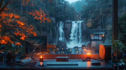 Poster - Rainy Day Work Setup With Waterfall View