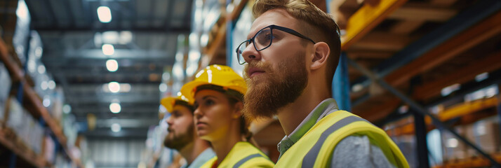 Warehouse Workers in High Visibility Clothing and Hard Hats Focused on Task