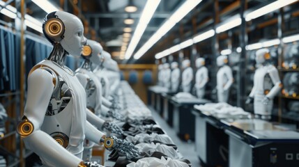 Leinwandbilder - A line of humanoid robots work in a factory, folding clothes and preparing them for distribution.