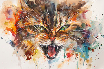 Wall Mural - A painting of a cat with its mouth open and teeth bared