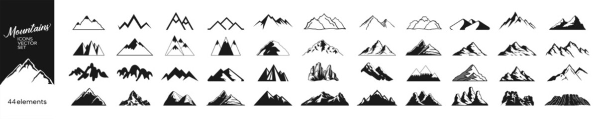 Mountains icon vector set. Hike, travel illustration sign collection. Set of rocky mountains silhouette