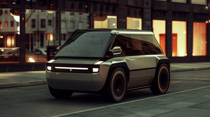 Poster - A silver electric car drives down a city street at night. The car has a sleek, modern design and is illuminated by streetlights.