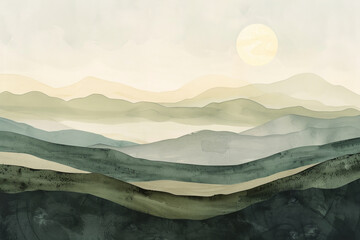 Poster - A painting of a mountain range with a sun in the sky