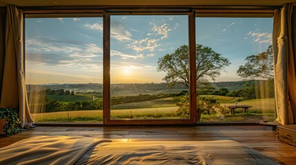 Wall Mural - luxury bed and breakfast with custom-designed energy-efficient windows that frame the picturesque landscape, offering guests stunning views while ensuring comfort and energy efficiency