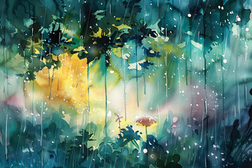 Wall Mural - A painting of a forest with rain falling on it